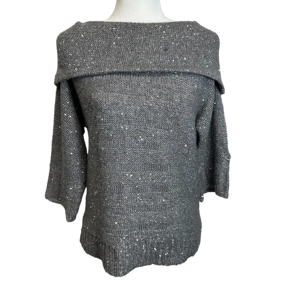 Chico’s Sweater Women’s sz. 0 (SMALL) Gray Sequined‎ Cowl Neck 1/2 Sleeve - Picture 3 of 8